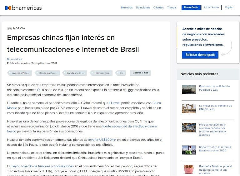 Empresas chinas fijan inters en telecomunicaciones e internet de Brasil